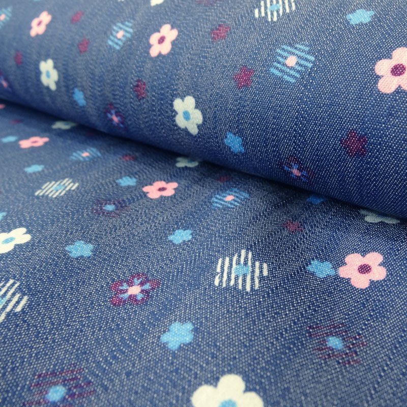 Tissu Jean Denim Slub Stretch Bleu foncé Fleurs roses et bleus