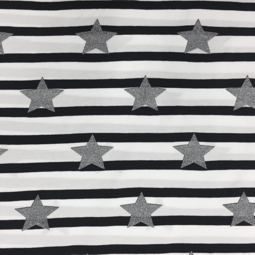 Tissu Jersey Coton Marinière Bleu marine et blanc Etoiles paillettes Grises