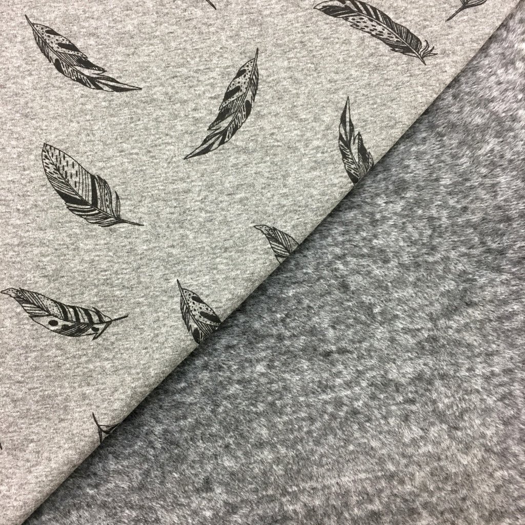 Tissu Sweat Envers Minky Gris anthracite chiné Plumes Noires