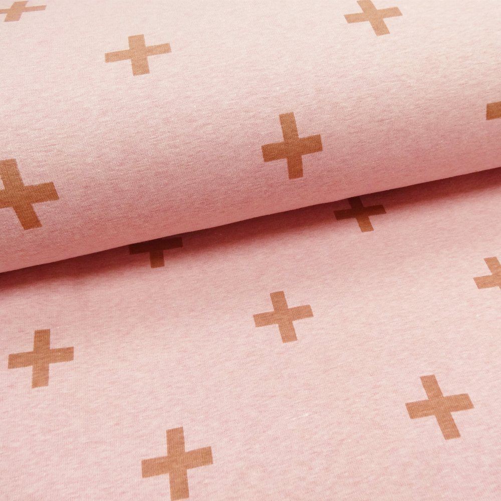 Tissu Sweat envers minky Giulia Vieux rose Croix marrons