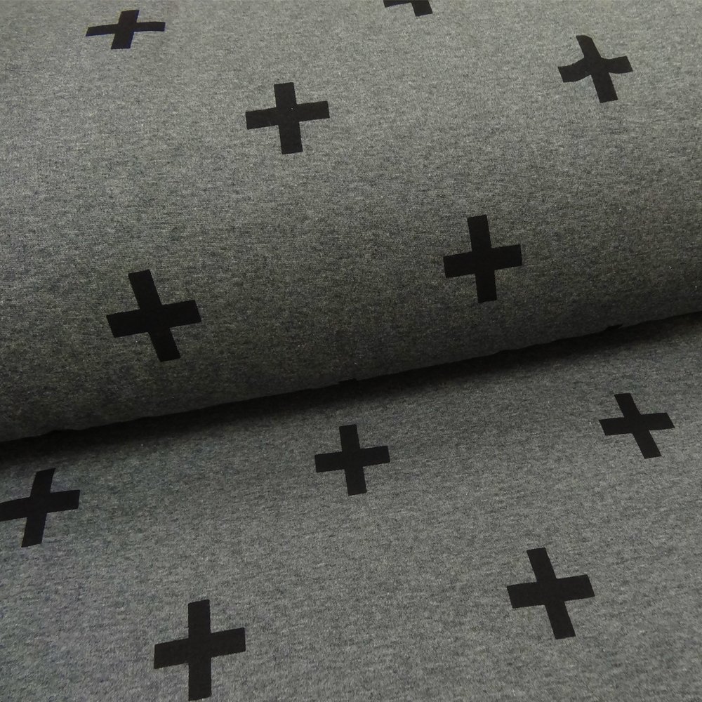 Tissu Sweat envers minky Giulia Gris anthracite Croix noires