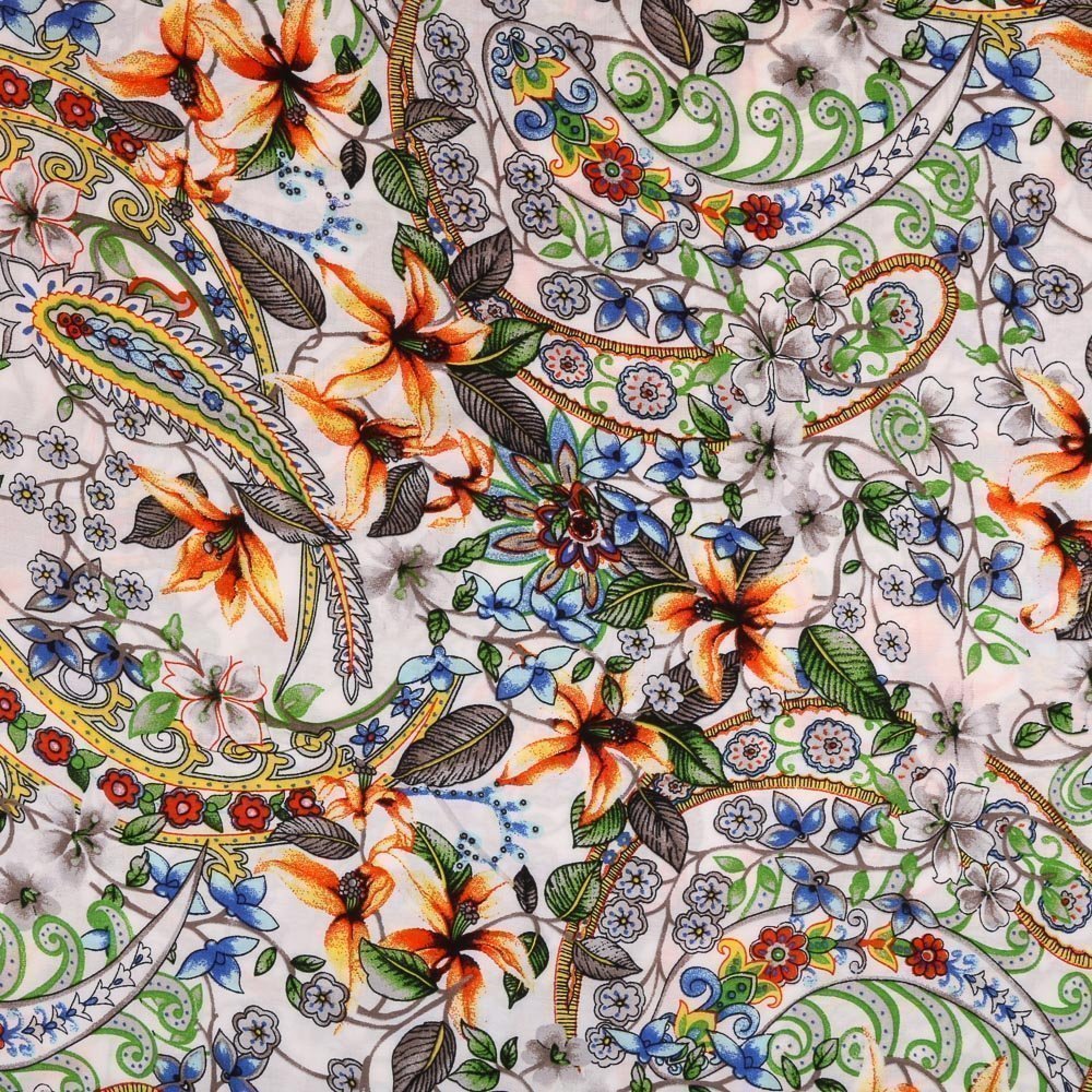 Tissu Viscose légère Fleuris Bleu, orange et vert