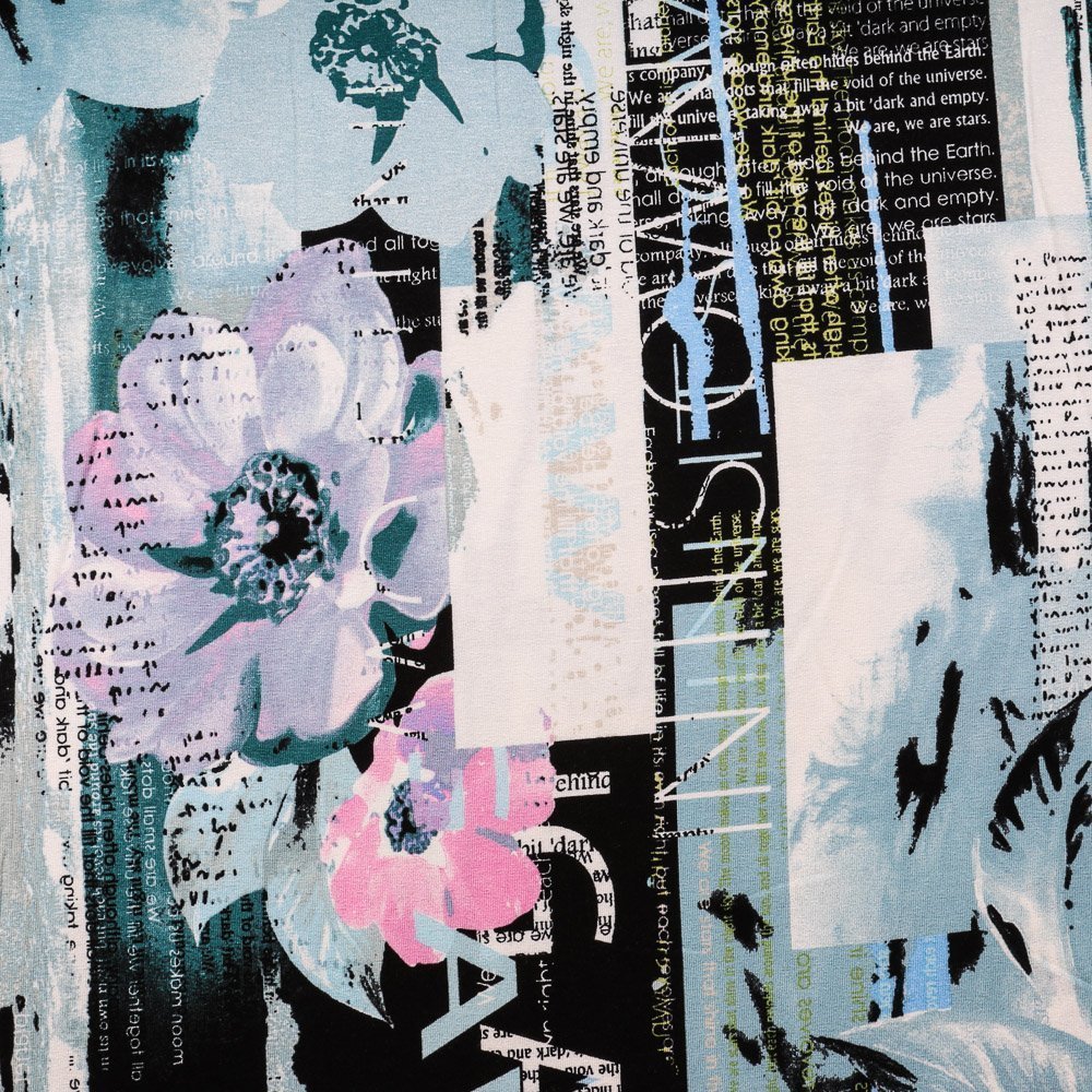 Tissu Jersey Viscose Bleu vert Fleurs et texte