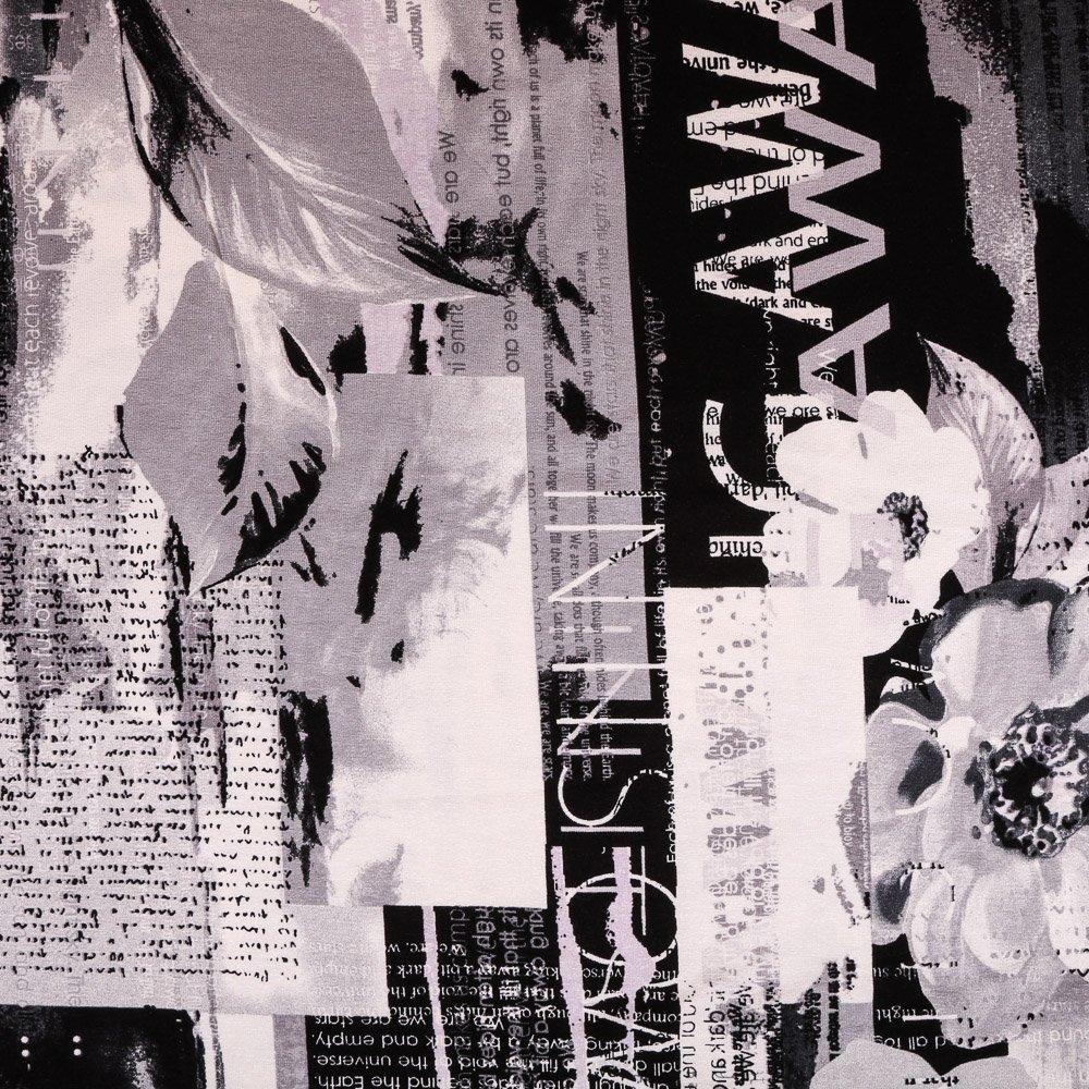 Tissu Jersey Viscose Argent Fleurs et texte