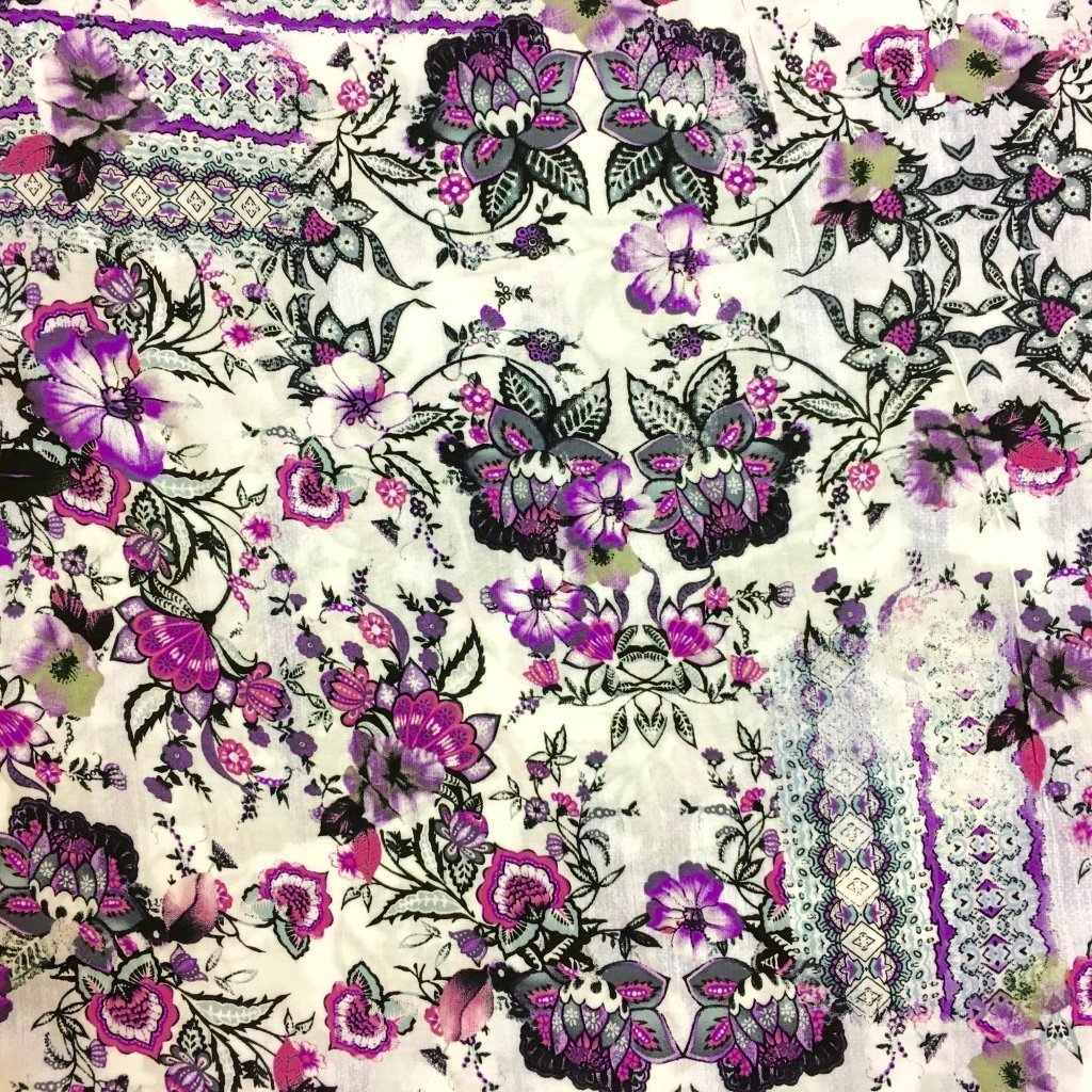 Tissu Viscose imprimée Blanc Fleurs Violettes