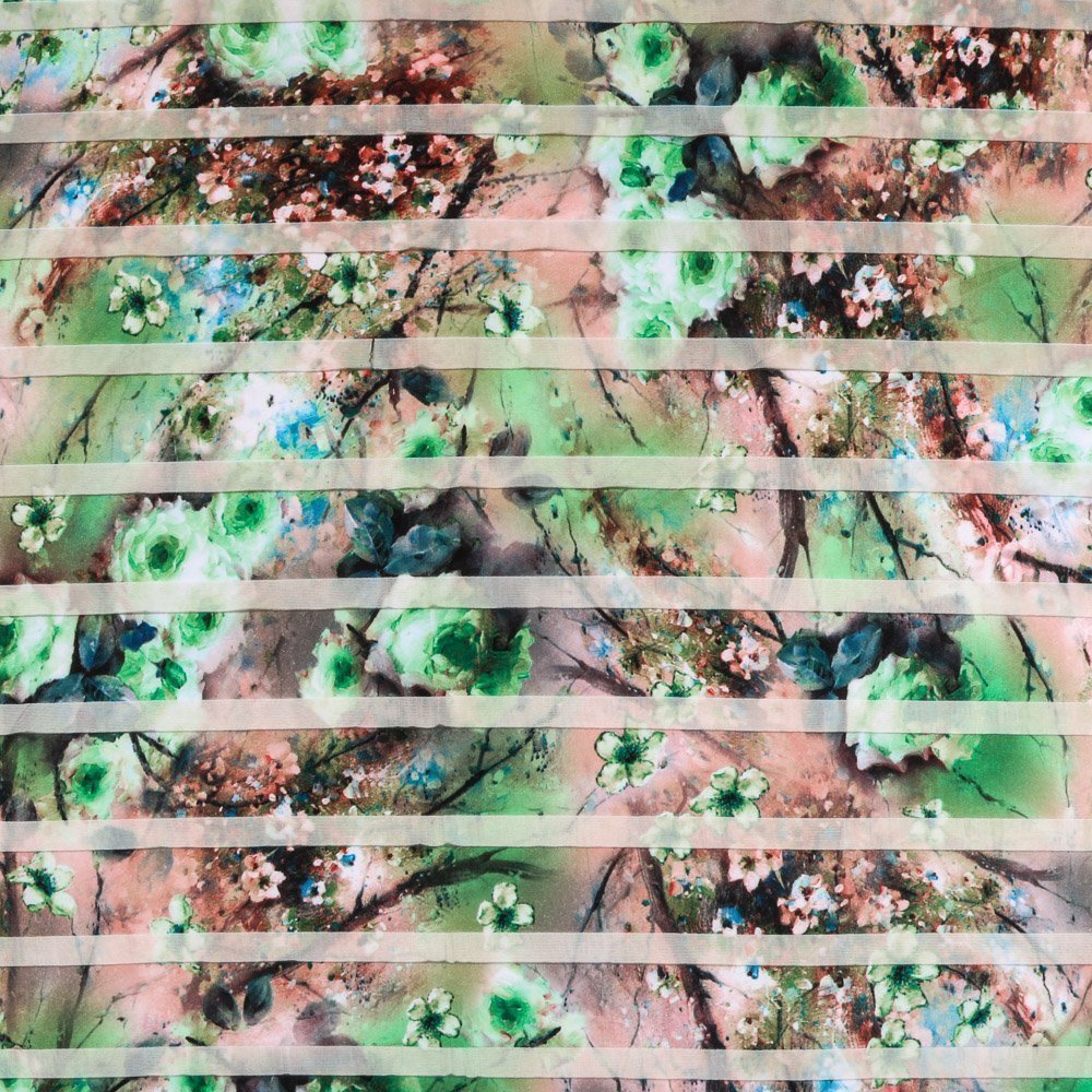 Tissu Jersey Viscose Vert Lignes fleuris transparentes