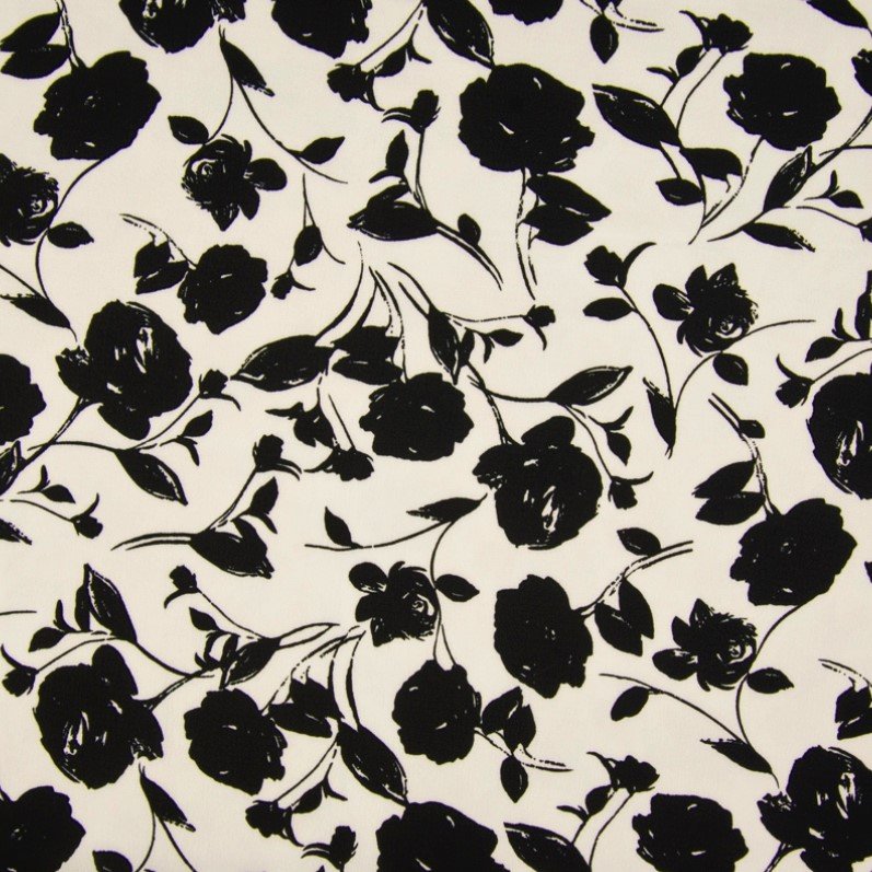 Tissu Crêpe Blanc Fleurs Noires