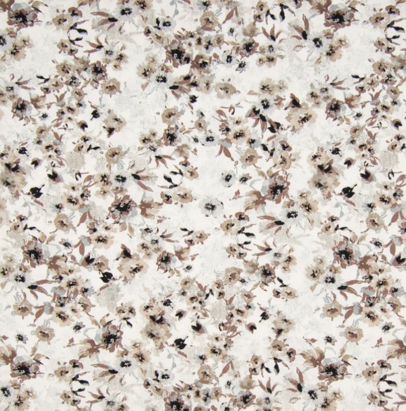 Tissu Viscose imprimée Blanc Fleurs Taupes