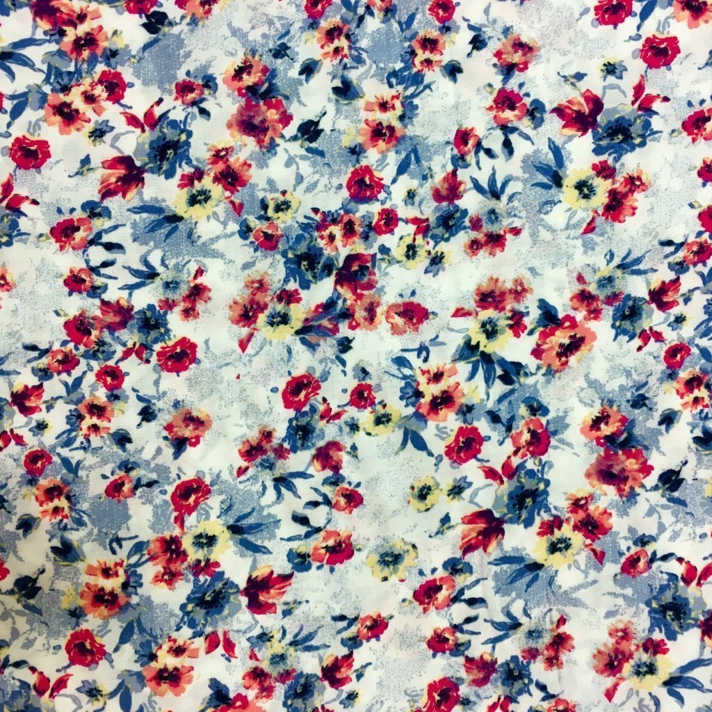 Tissu Viscose imprimée Blanc Fleurs Bleues claires et roses pâles