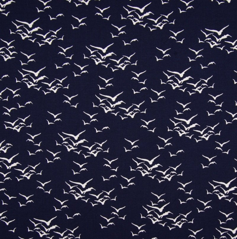 Tissu Viscose imprimée Bleu marine Oiseaux Blancs