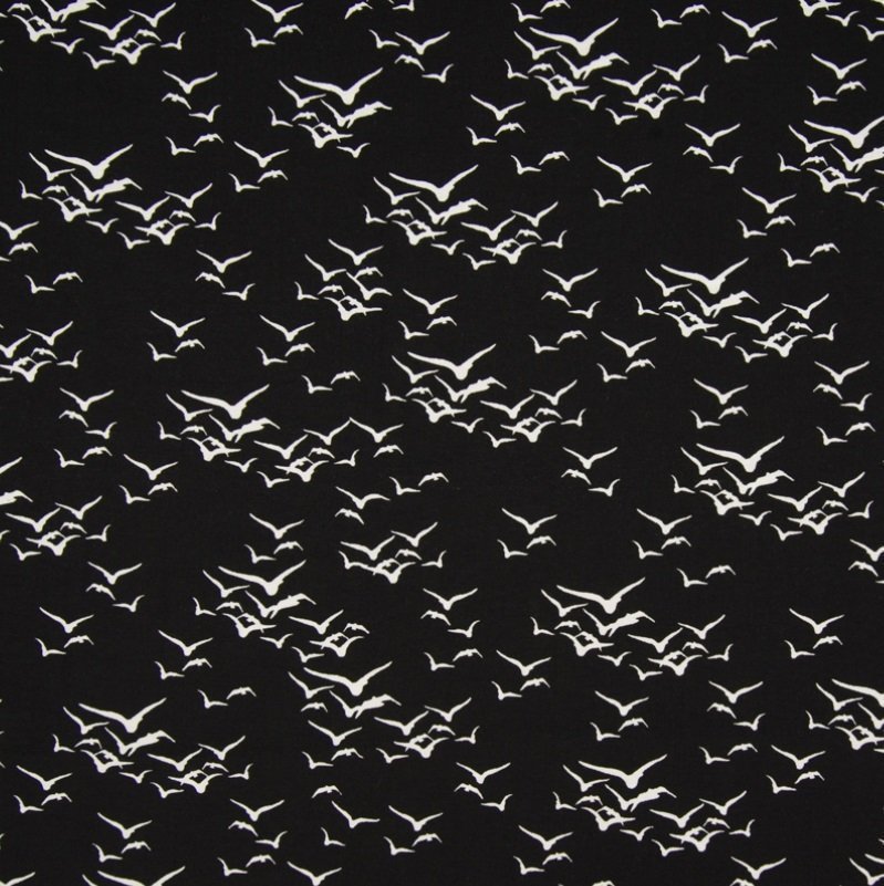 Tissu Viscose imprimée Noir Oiseaux Blancs