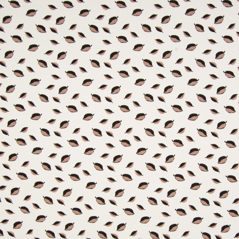Tissu Viscose imprimée Blanc Feuilles Marrons et noires