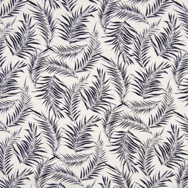 Tissu Viscose imprimée Blanc Feuilles Marine