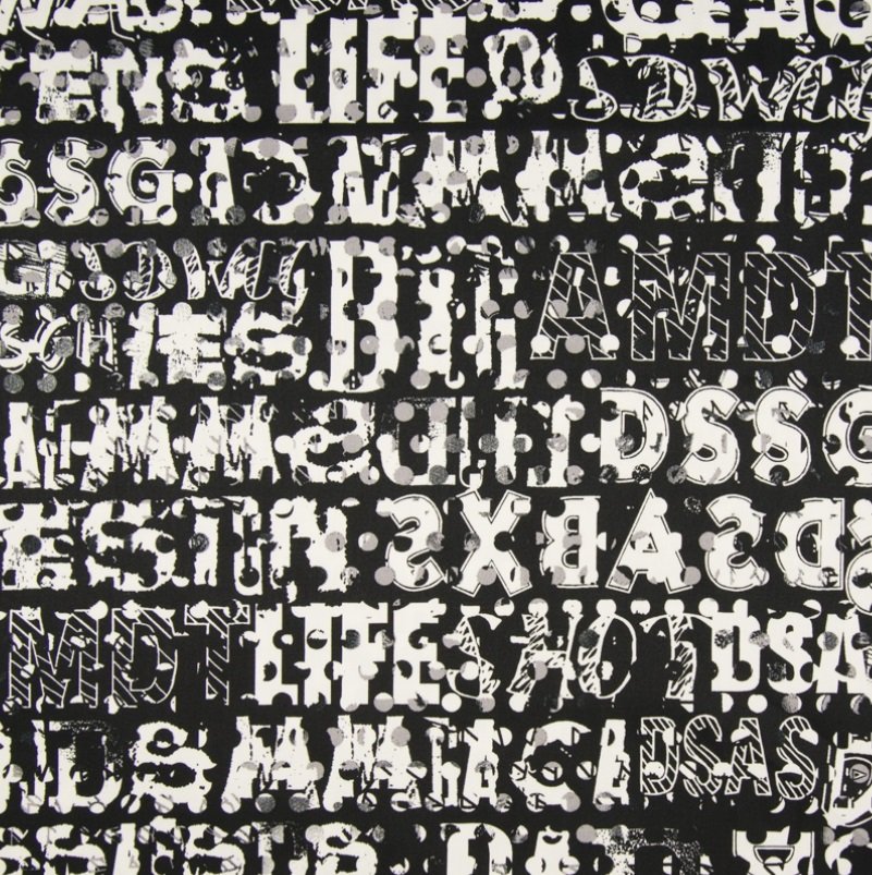 Tissu Coton satiné Noir Lettres Blanches