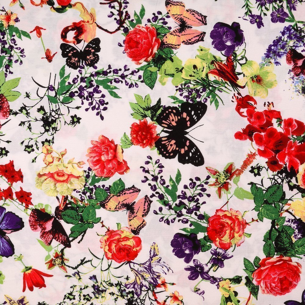 Tissu Viscose légère Blanc Fleurs et papillons Rouges et violet