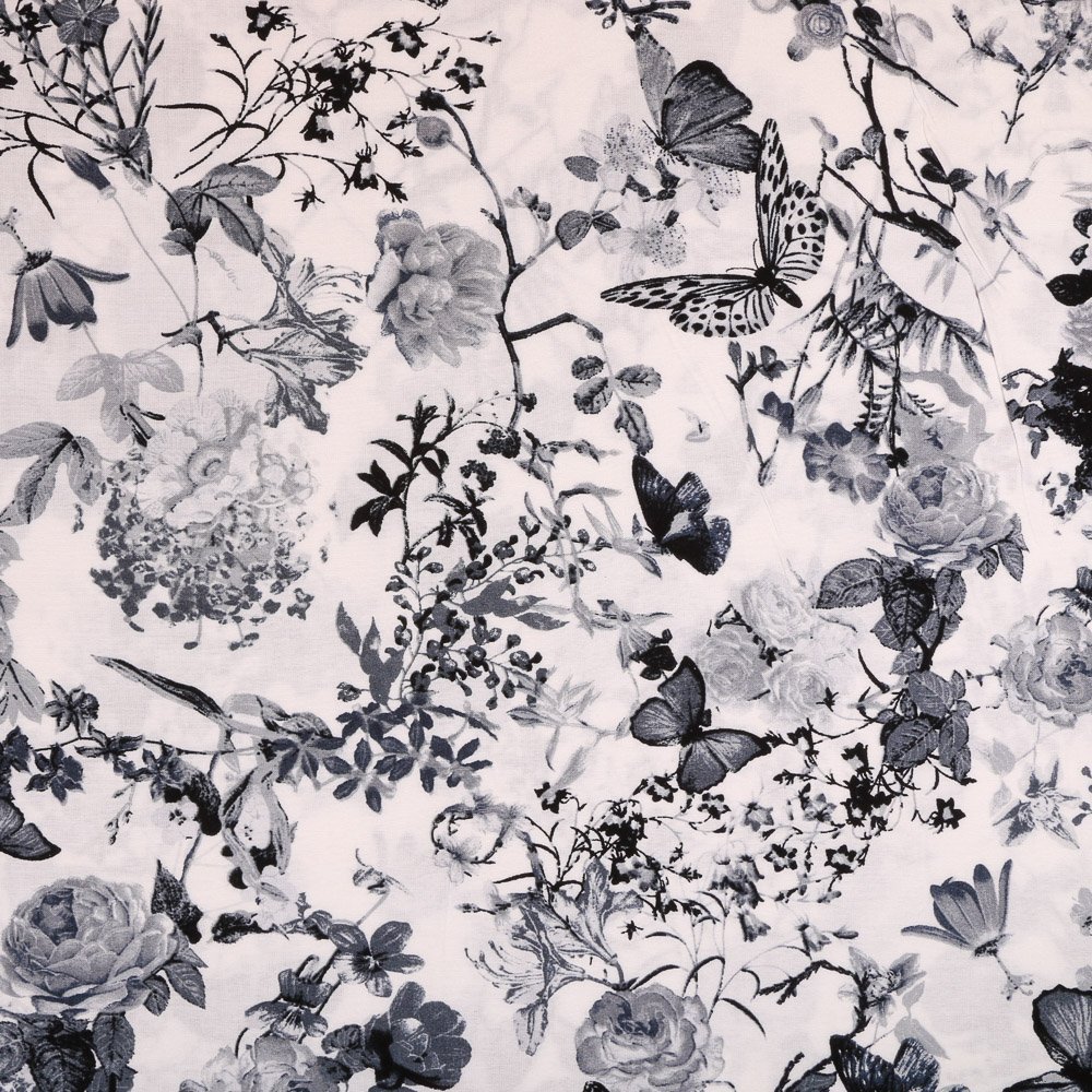 Tissu Viscose légère Blanc Fleurs et papillons Argent et noir