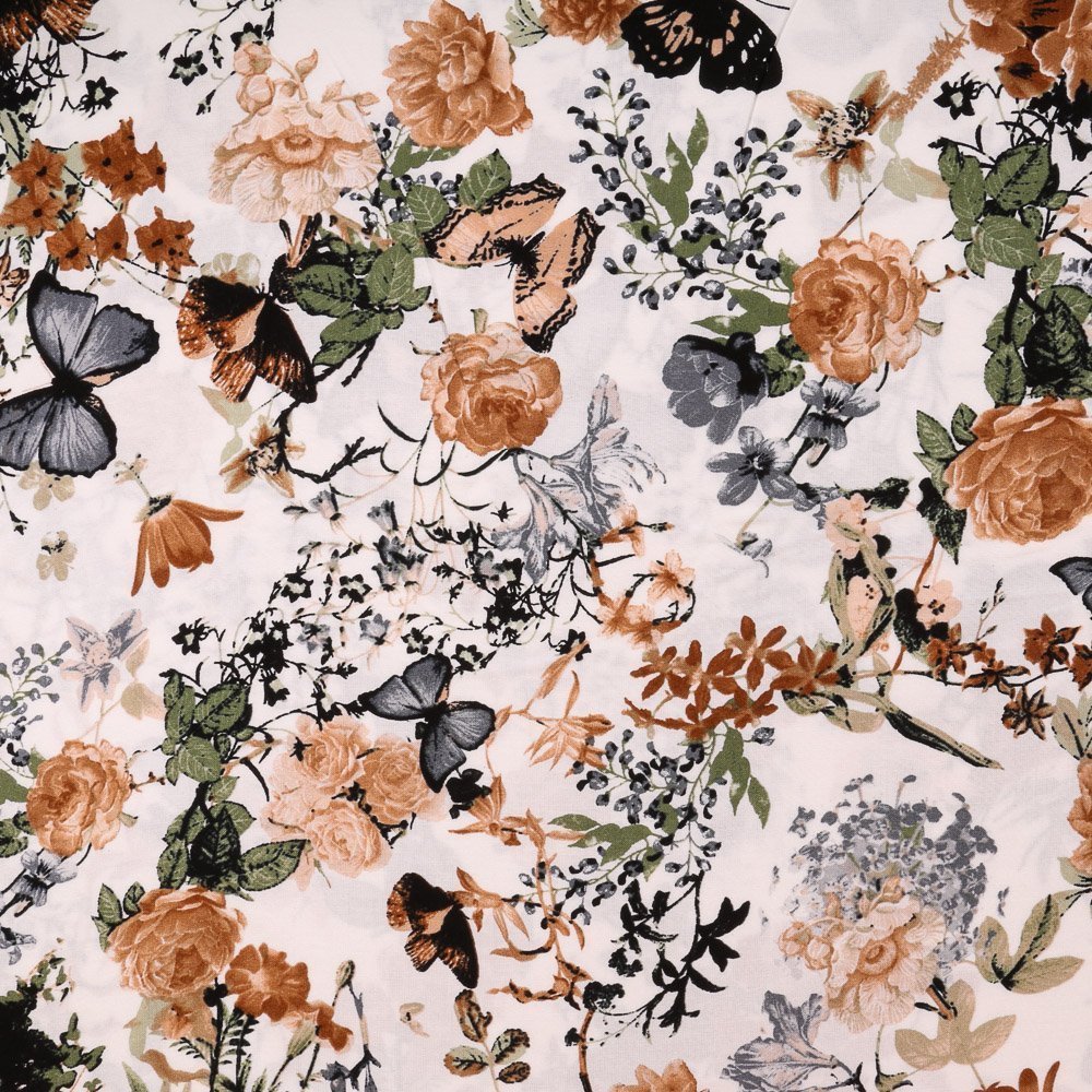 Tissu Viscose légère Blanc Fleurs et papillons Marron et kaki