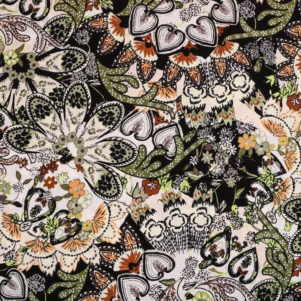 Tissu Viscose légère Blanc Ethnique fleurs Kaki et marron