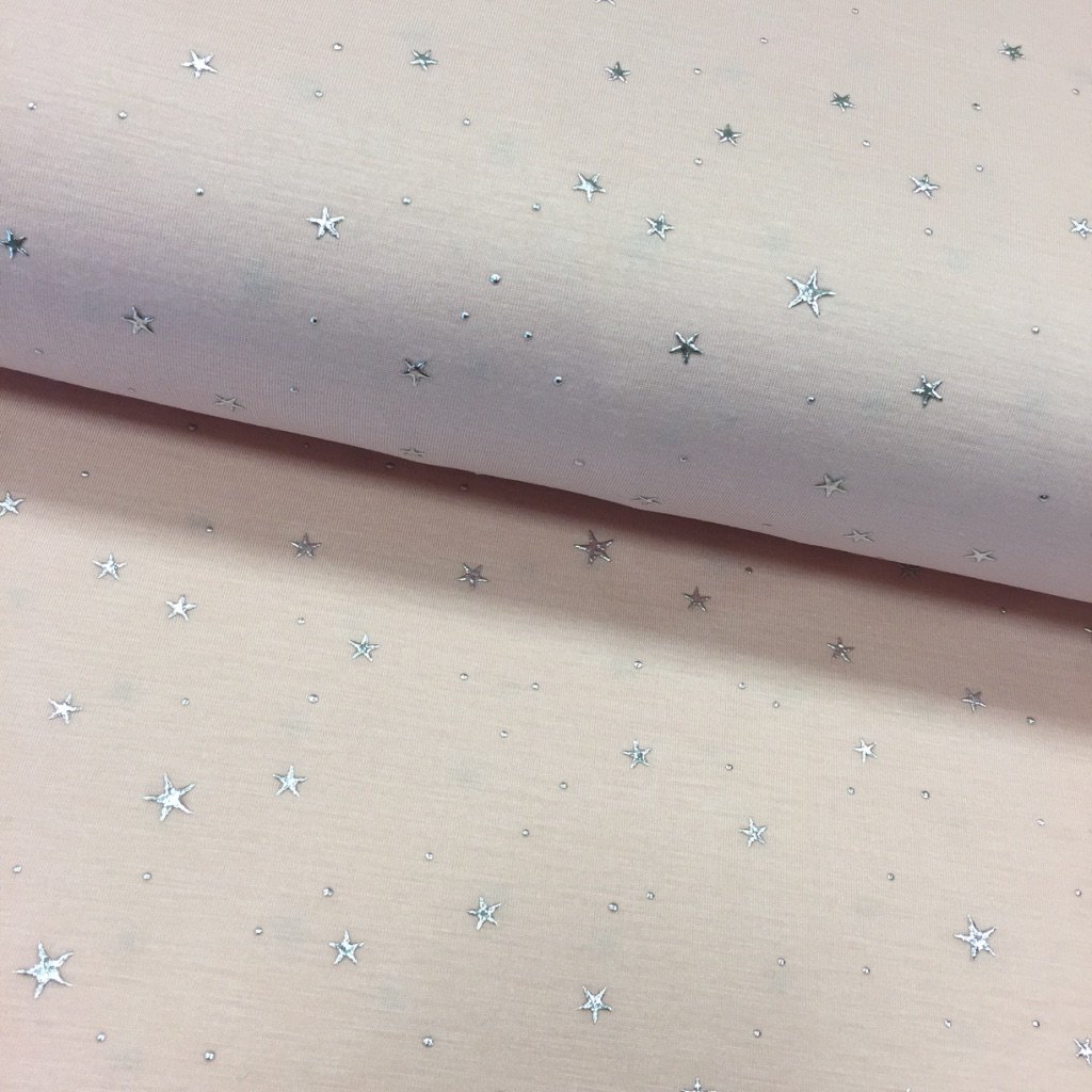 Tissu Jersey coton Rose pâle Etoiles Argentées