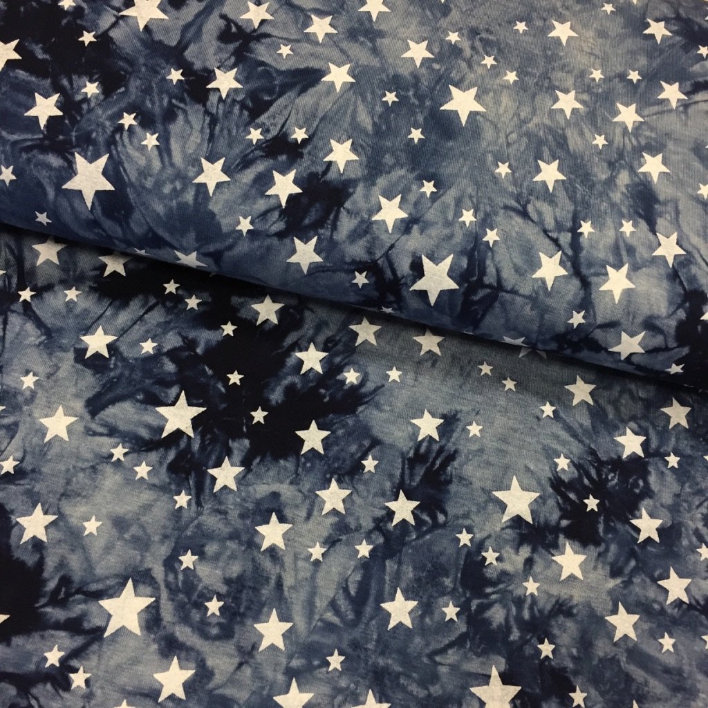 Tissu Jersey viscose Bleu Tie and dye et étoiles Blanches