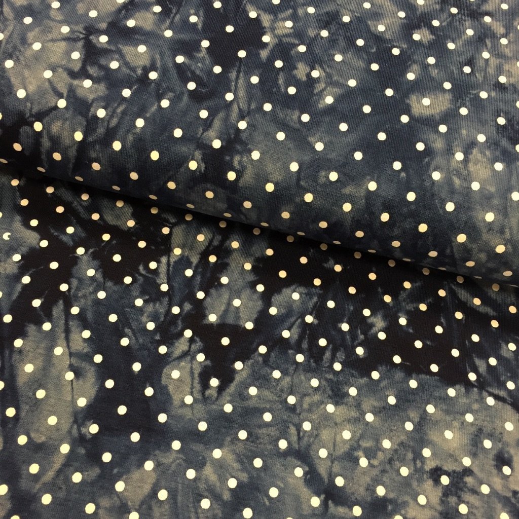 Tissu Jersey viscose Bleu foncé Tie and dye à pois Blancs