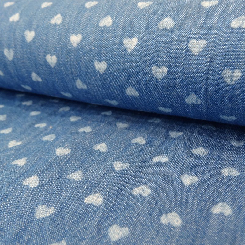 Tissu Jean Bleu blanchis Cœurs blancs