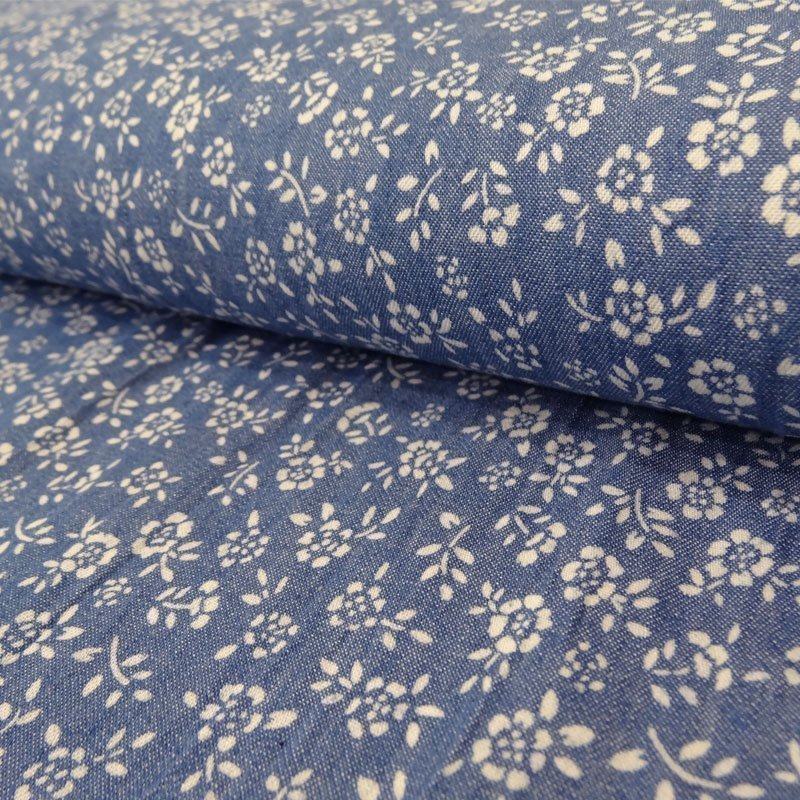 Tissu Jean Bleu Fleurs blanches