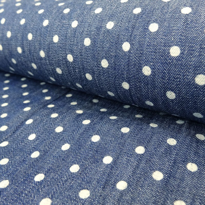 Tissu Jean Bleu Foncé Pois blancs