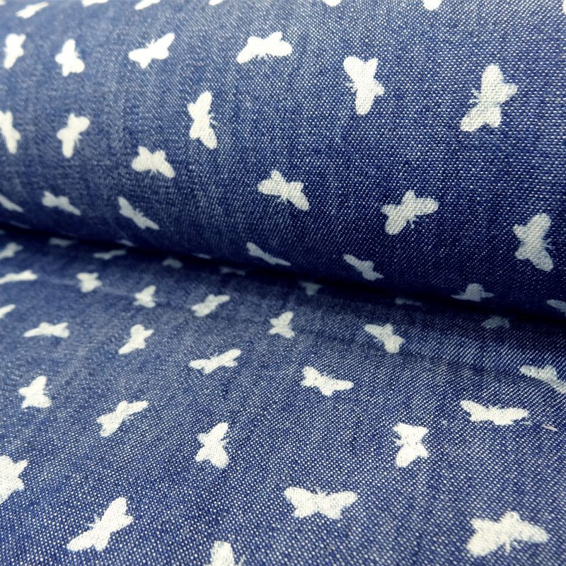 Tissu Jean Bleu Foncé Papillons blancs