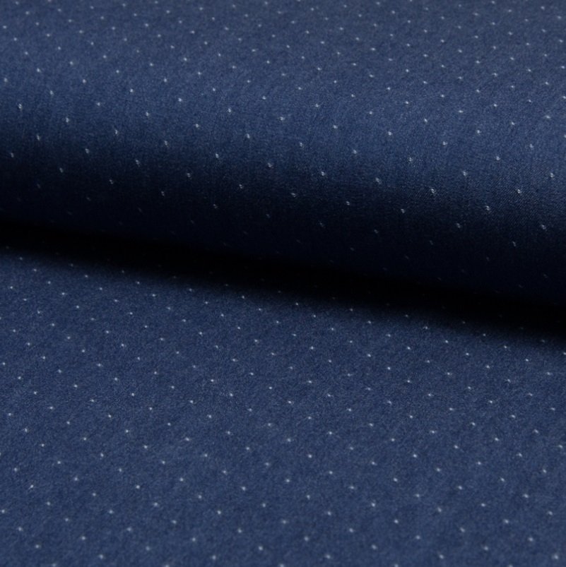 Tissu Chambray Tencel Bleu jean foncé Pois Blancs