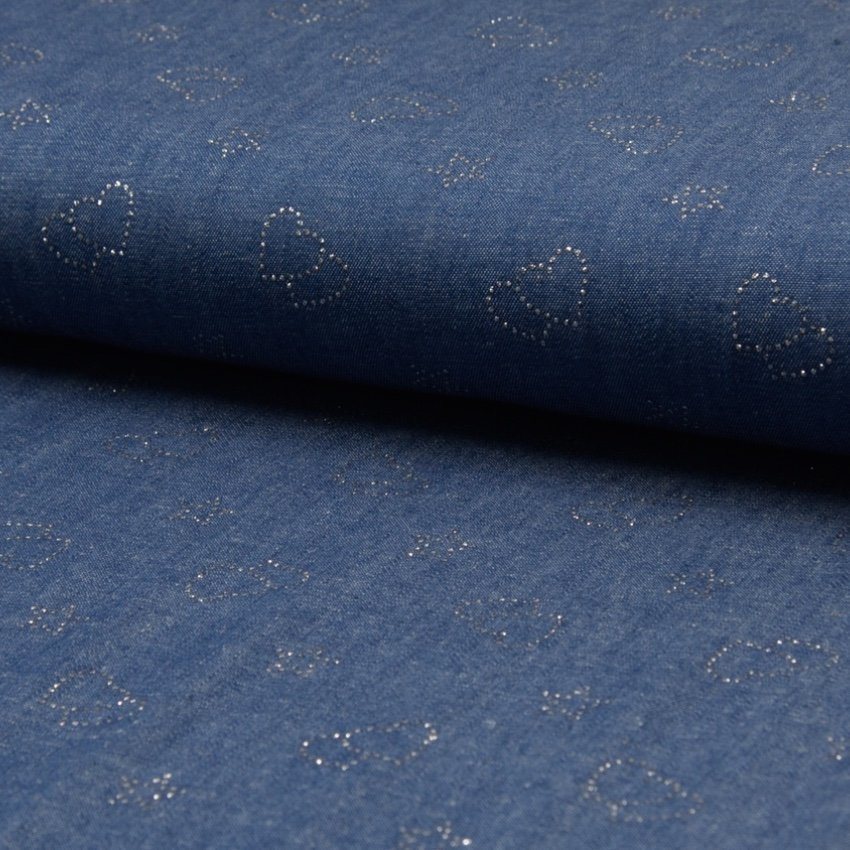 Tissu Chambray Coton Bleu jean Etoiles et cœurs Argentés