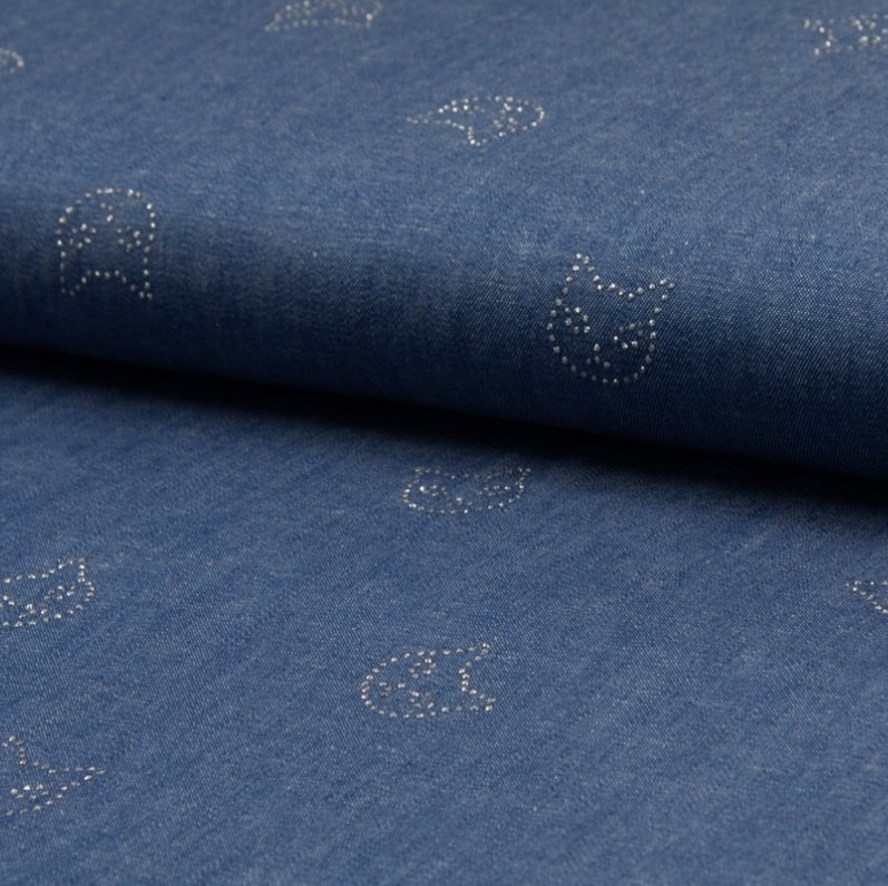 Tissu Chambray Coton Bleu jean Têtes de chat Argents