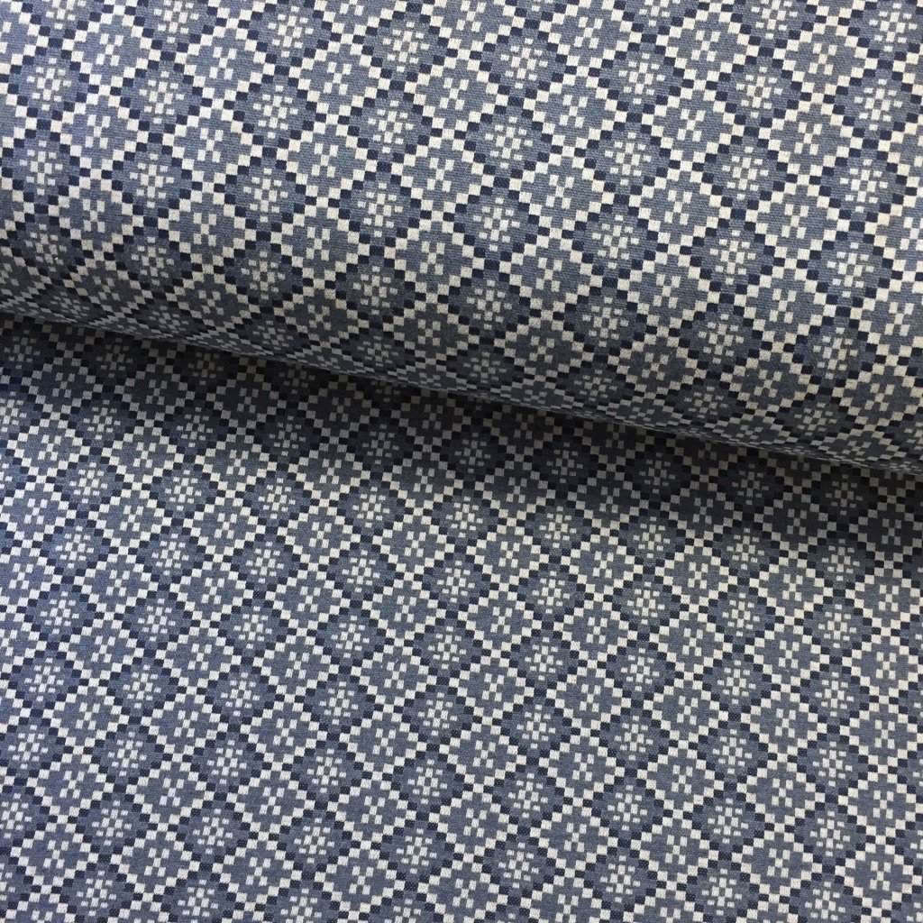 Tissu Maille jacquard Bleu jean Carrés Gris clair et blancs