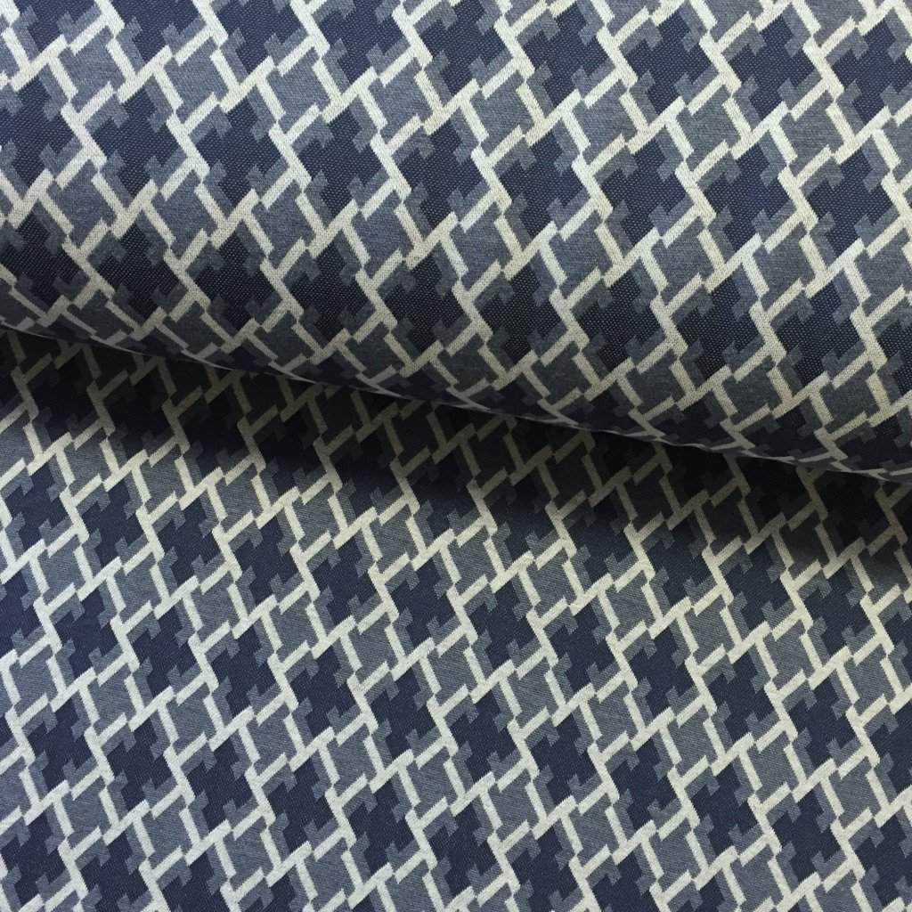Tissu Maille jacquard Bleu jean Motifs geometriques Gris clair et blancs