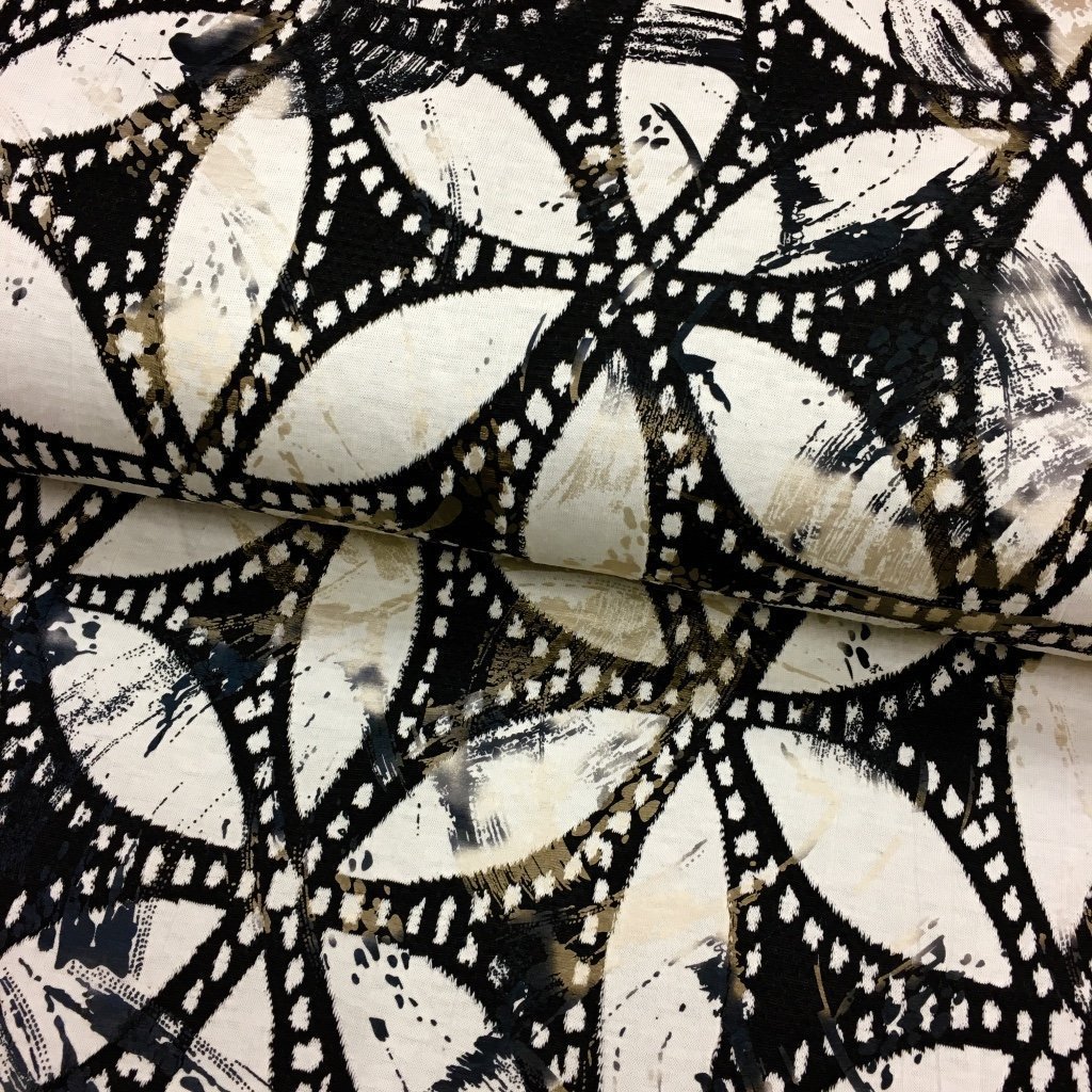 Tissu Maille Blanc cassé Fleurs Noirs et or