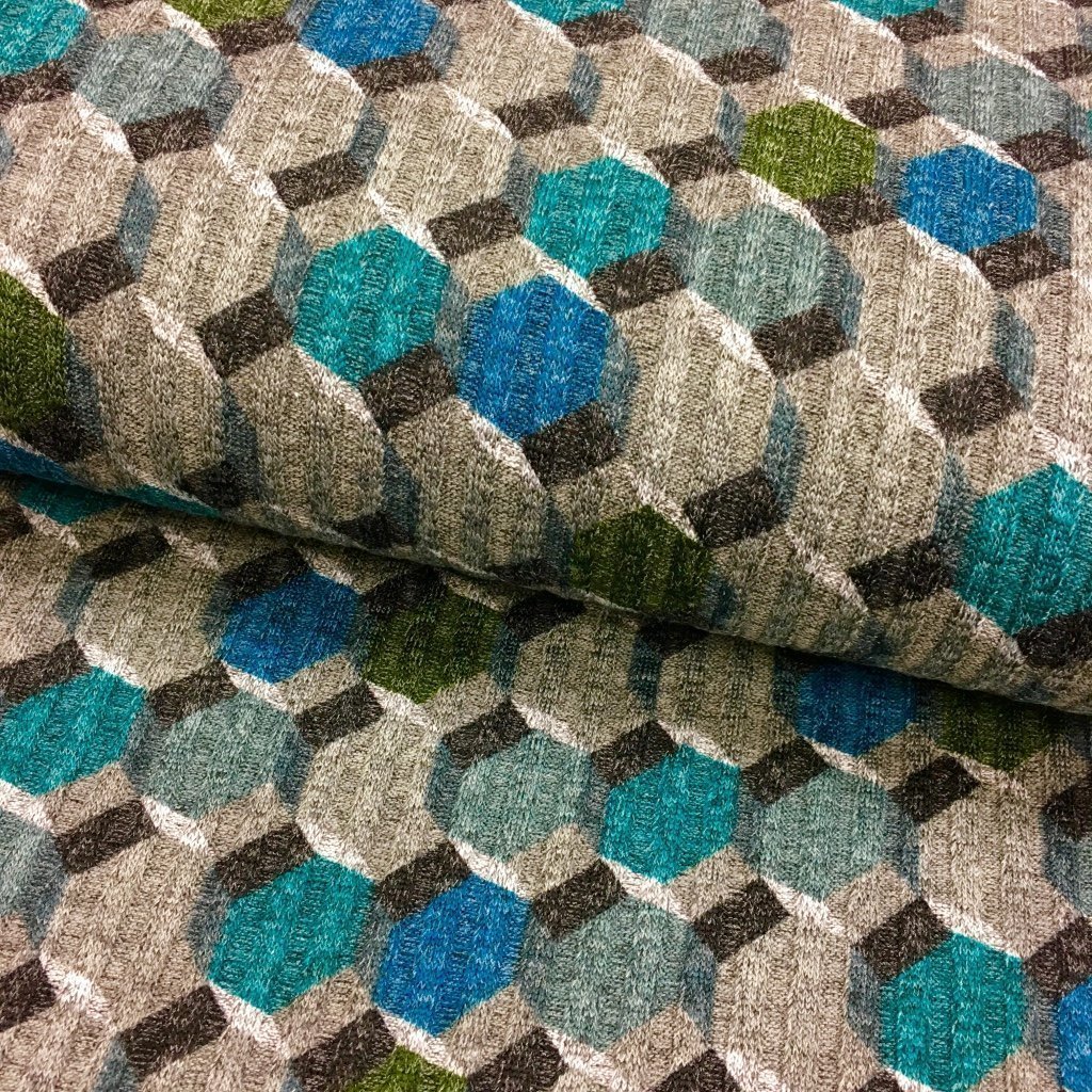 Tissu Maille pull cotelé Gris Motif géométrique Bleu turquoise et vert