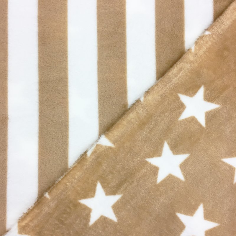Tissu Minky réversible Etoiles et Rayures Marron