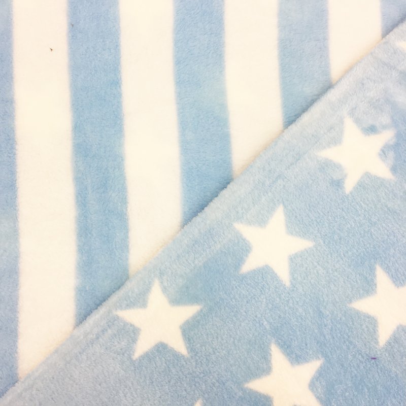 Tissu Minky réversible Etoiles et Rayures Bleu ciel