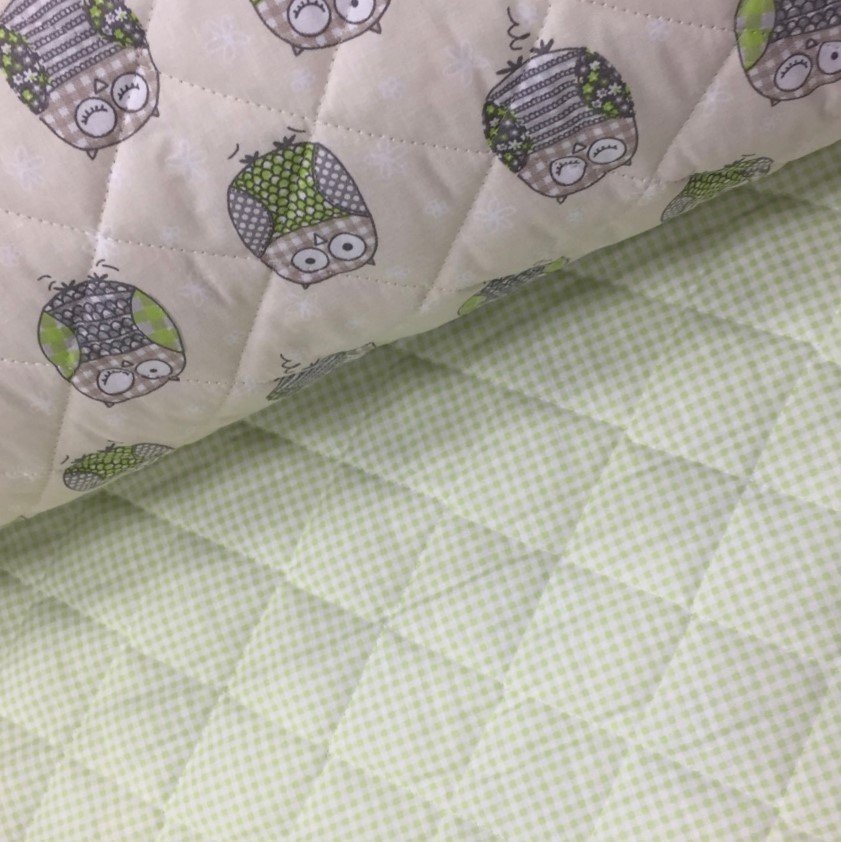 Tissu Matelassé Jaune clair Hiboux Gris et verts