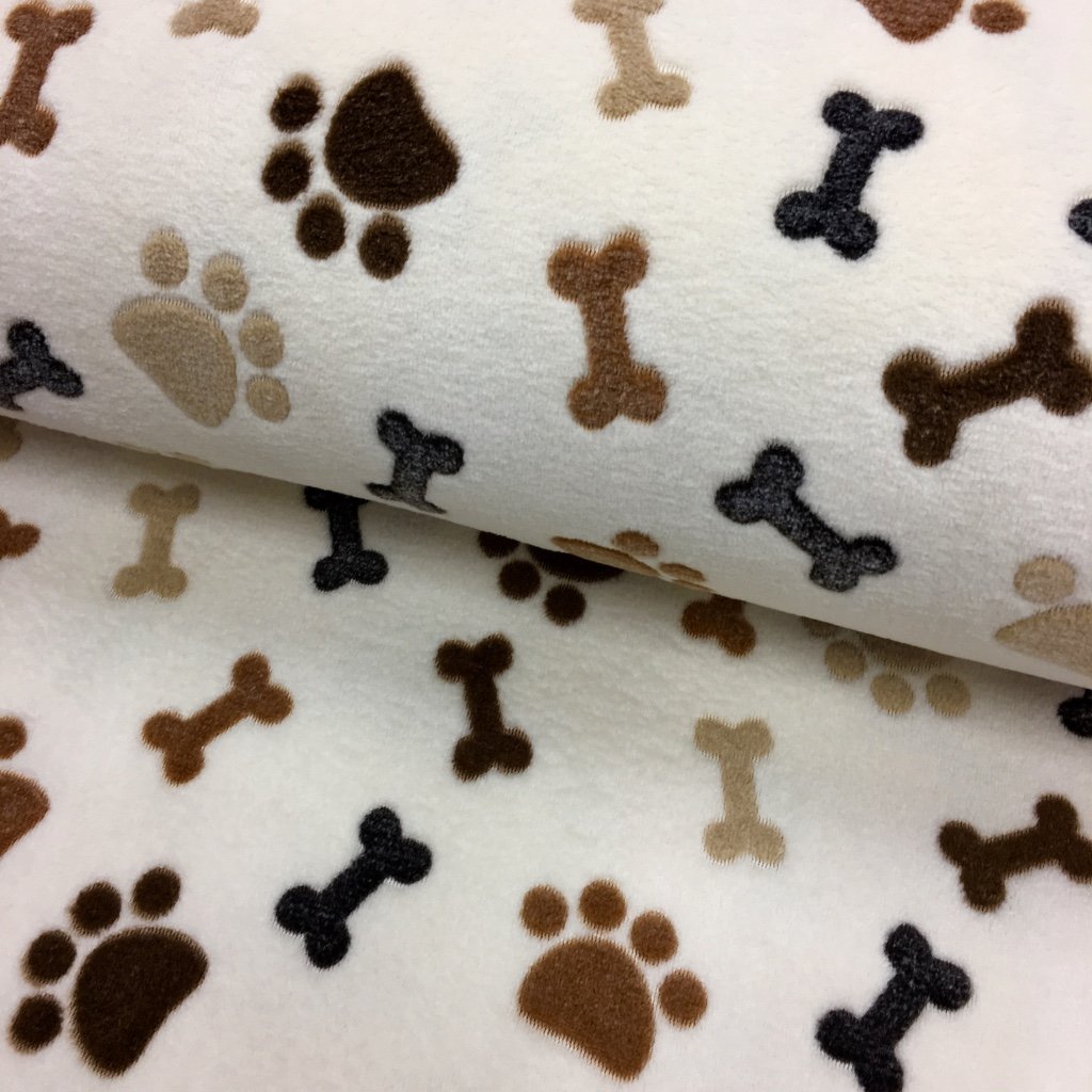 Tissu Doudou Blanc cassé Os et pattes de chien Marron