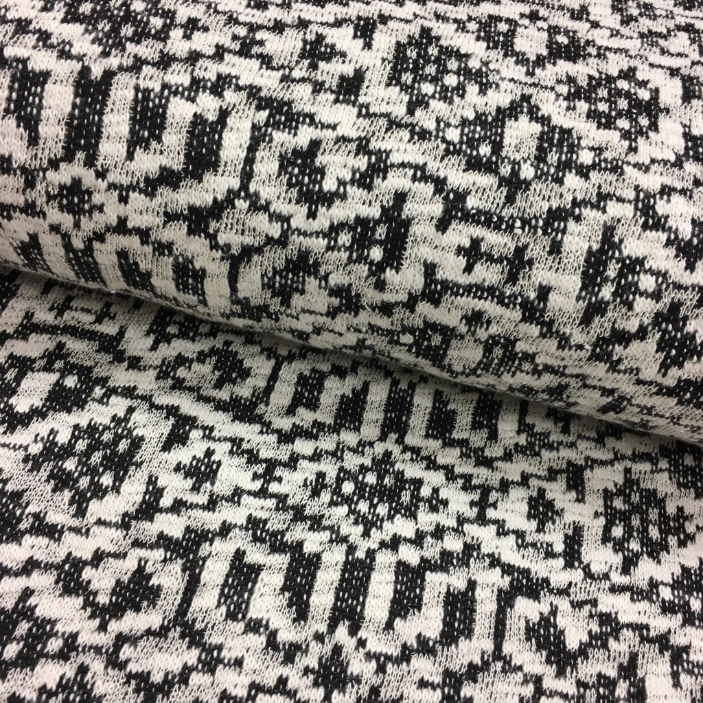 Tissu Maille pull Blanc Motif Aztèque Noir
