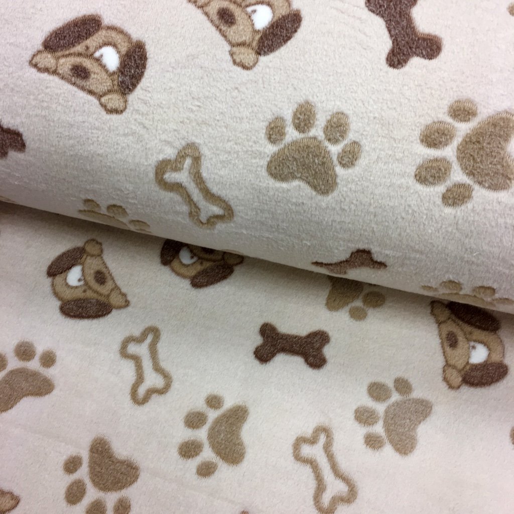 Tissu Doudou Beige rosé Os, pattes et têtes de chien Marron