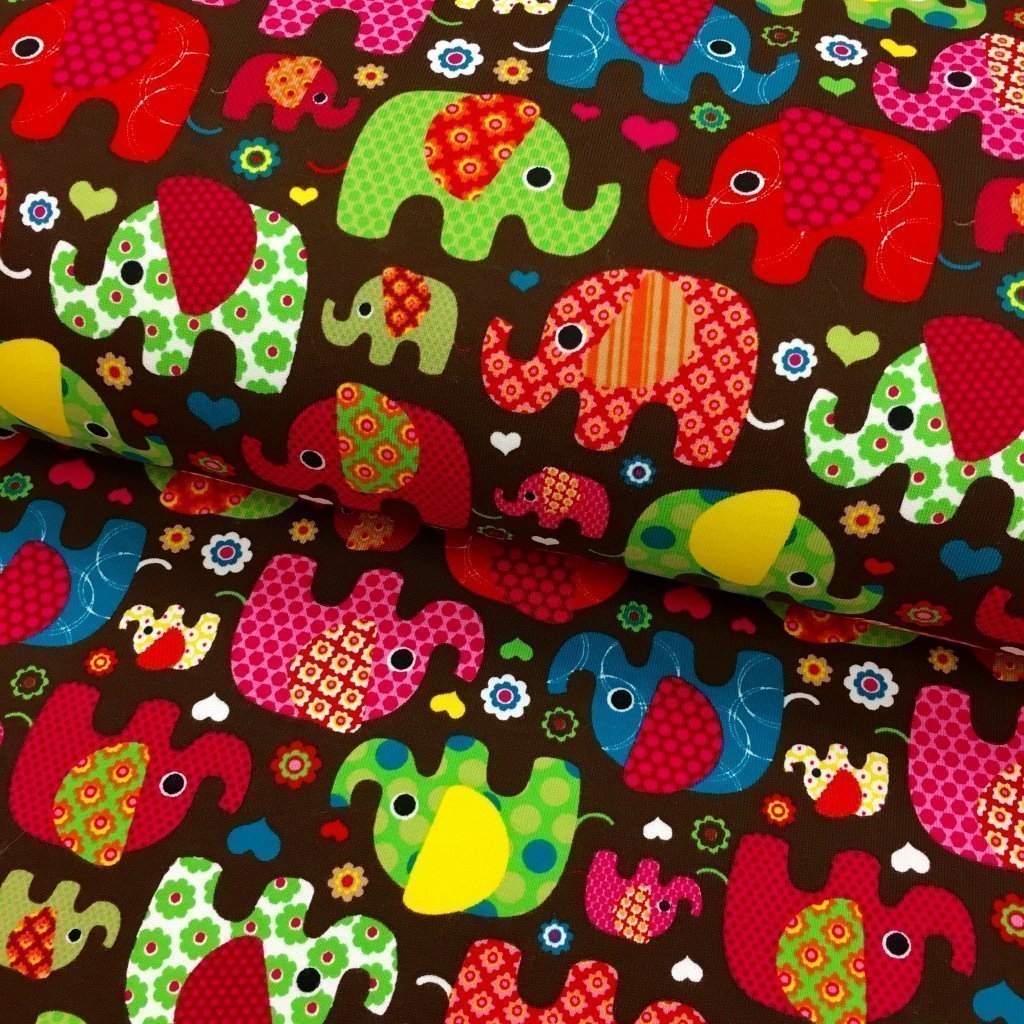 Tissu Sweat Marron Eléphants Multicolores