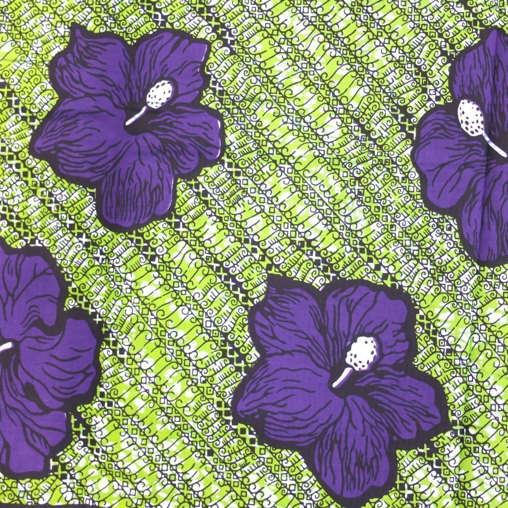 Tissu Wax Africain Vert Fleurs violettes