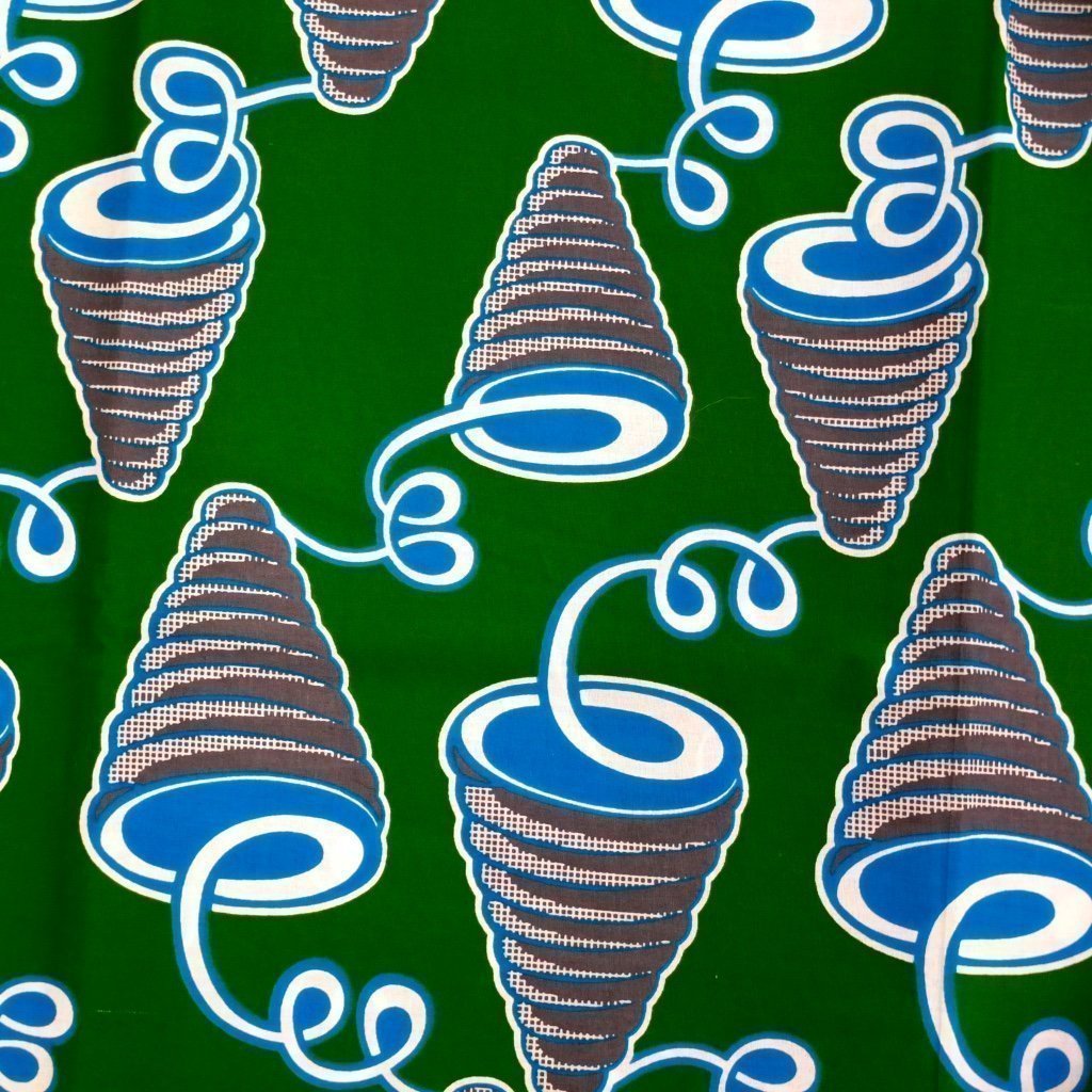 Tissu Wax Africain Vert Cônes bleus et gris