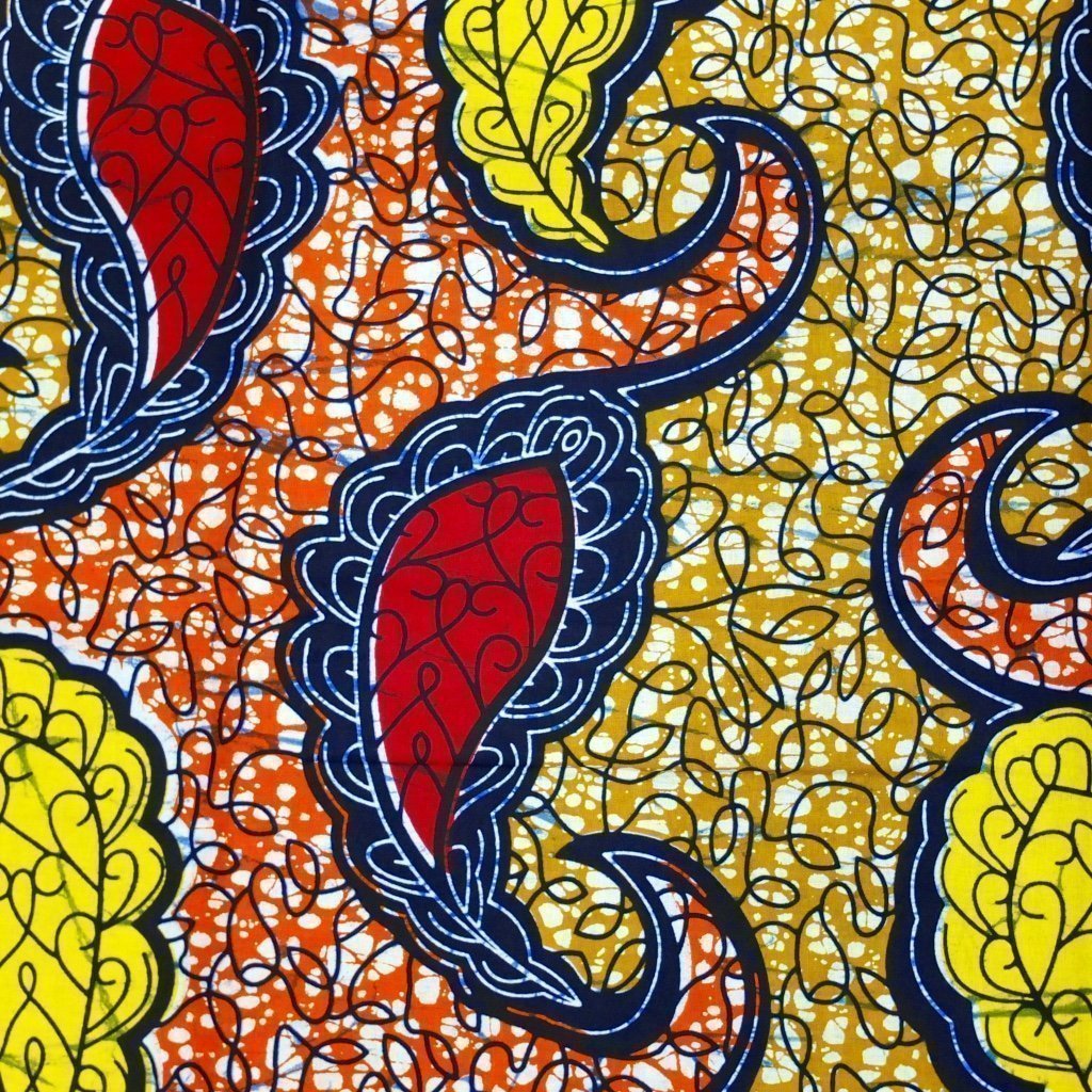 Tissu Wax Africain Orange Fleurs rouges et jaunes