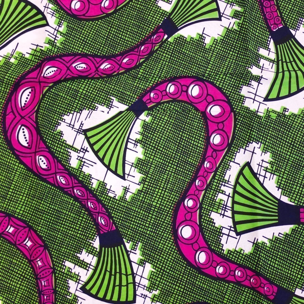 Tissu Wax Africain Vert Serpentins roses