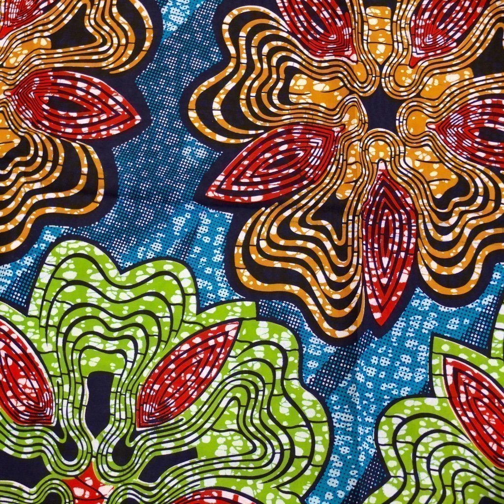 Tissu Wax Africain Bleu turquoise Fleurs rouges, marrons et vertes