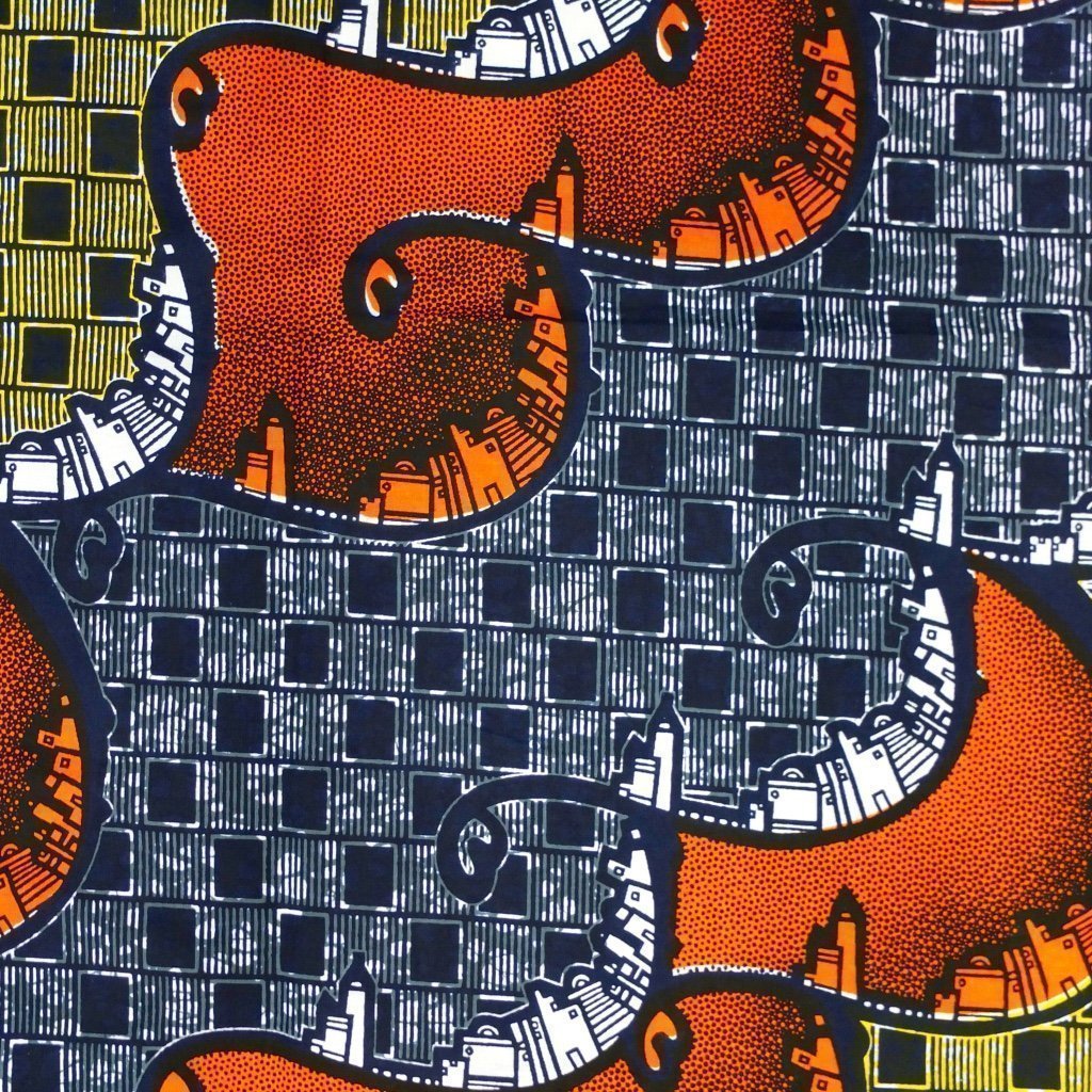 Tissu Wax Africain Bleu marine Villes blancs, rouges et jaunes