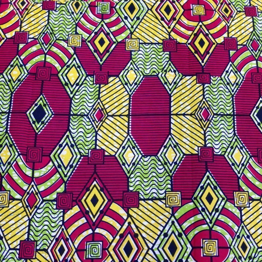 Tissu Wax Africain Rose fuchsia Motifs géométriques jaunes et vert